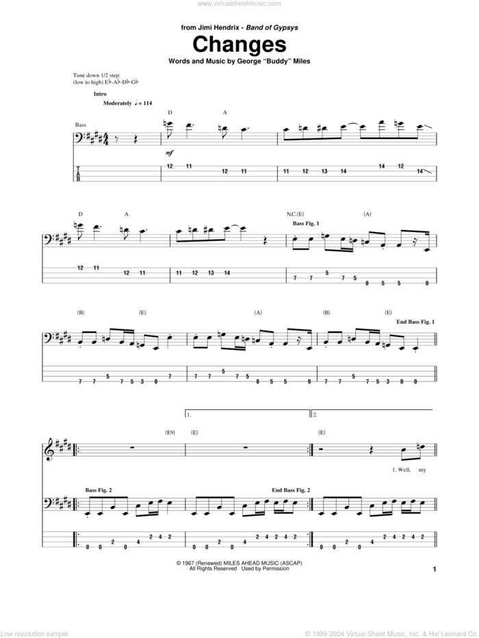 Changes sheet music for bass (tablature) (bass guitar) by Jimi Hendrix and George 'Buddy' Miles, intermediate skill level