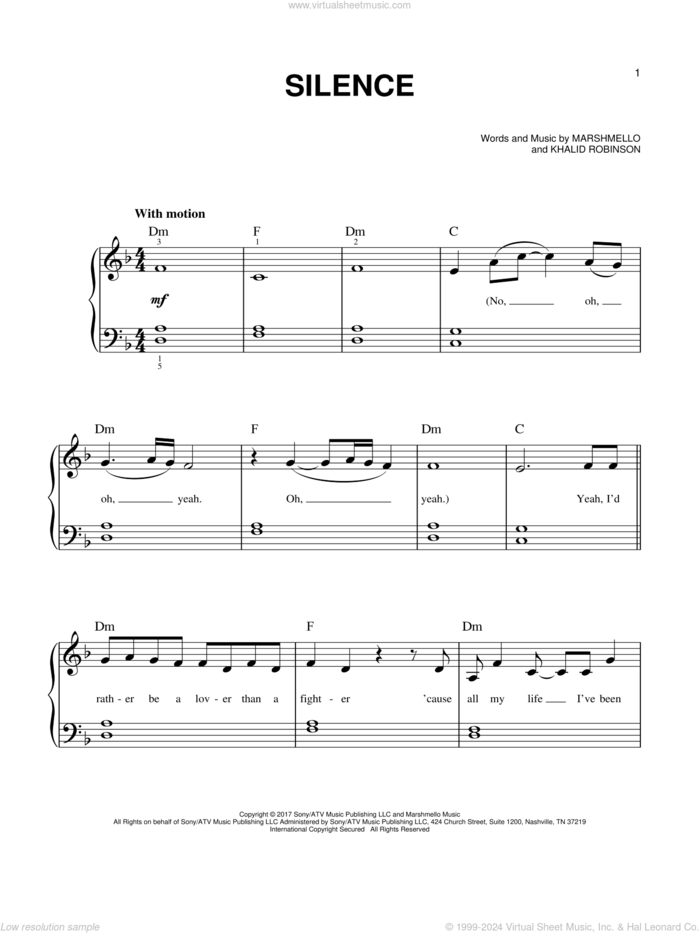 Silence (feat. Khalid) sheet music for piano solo by Marshmello, Khalid and Khalid Robinson, easy skill level