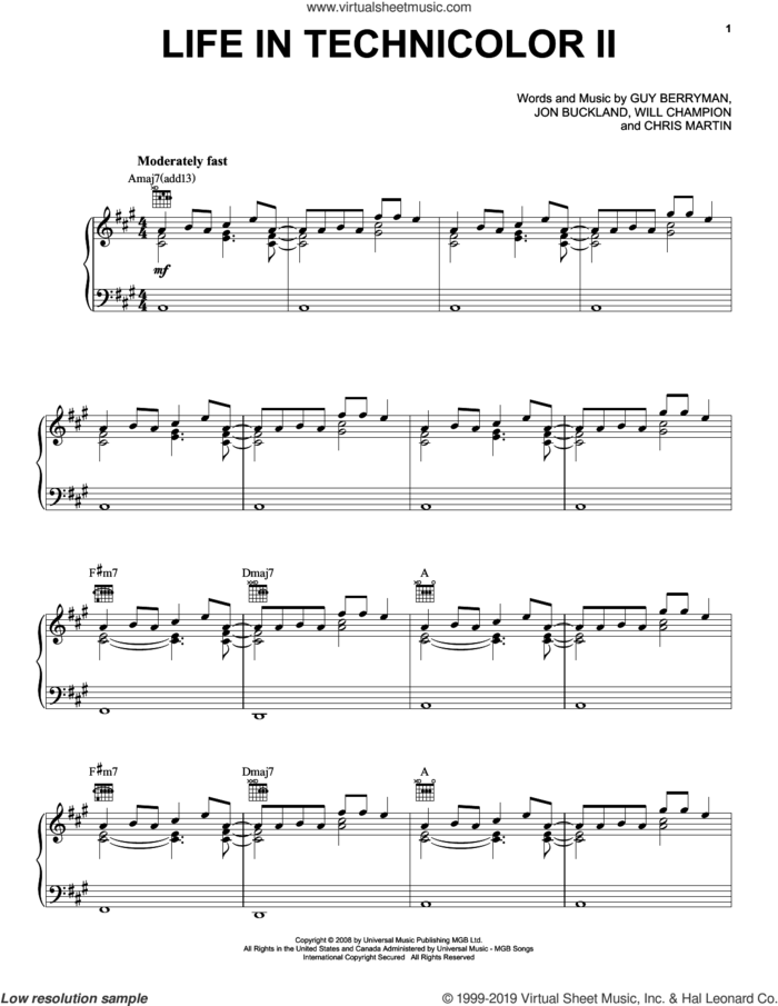 Life In Technicolor II sheet music for voice, piano or guitar by Guy Berryman, Coldplay, Chris Martin, Jon Buckland and Will Champion, intermediate skill level
