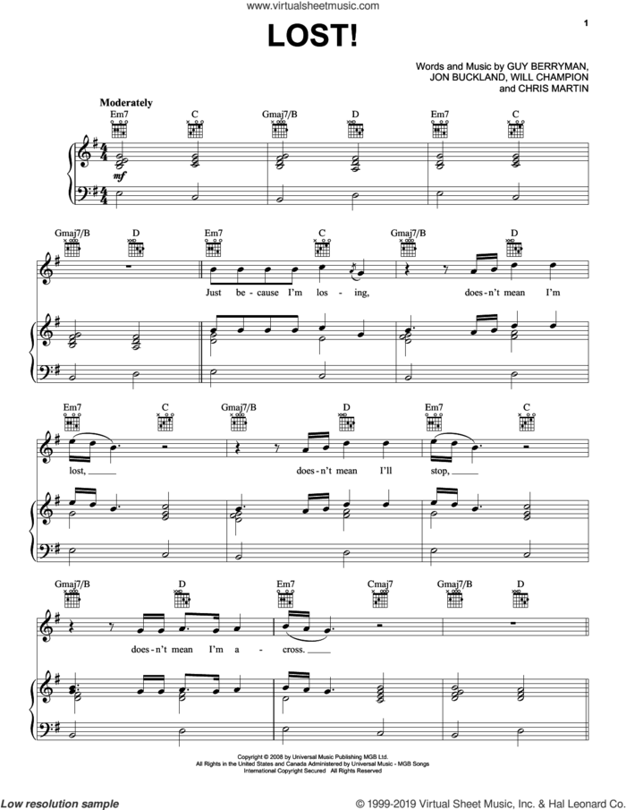 Lost! sheet music for voice, piano or guitar by Guy Berryman, Coldplay, Chris Martin, Jon Buckland and Will Champion, intermediate skill level