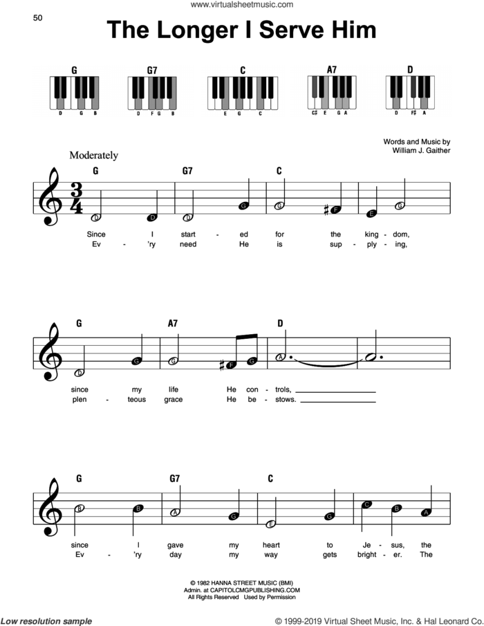 The Longer I Serve Him, (beginner) sheet music for piano solo by William J. Gaither, beginner skill level