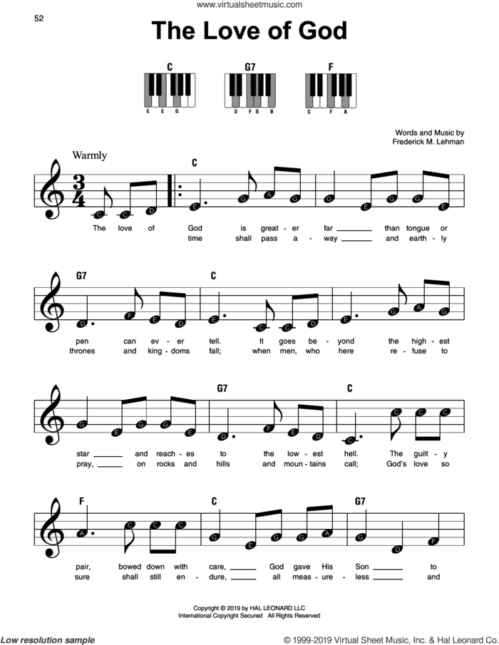 The Love Of God sheet music for piano solo by Frederick M. Lehman, beginner skill level