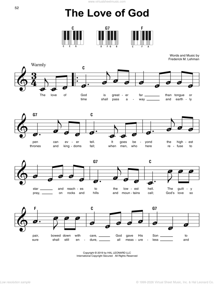 The Love Of God sheet music for piano solo by Frederick M. Lehman, beginner skill level