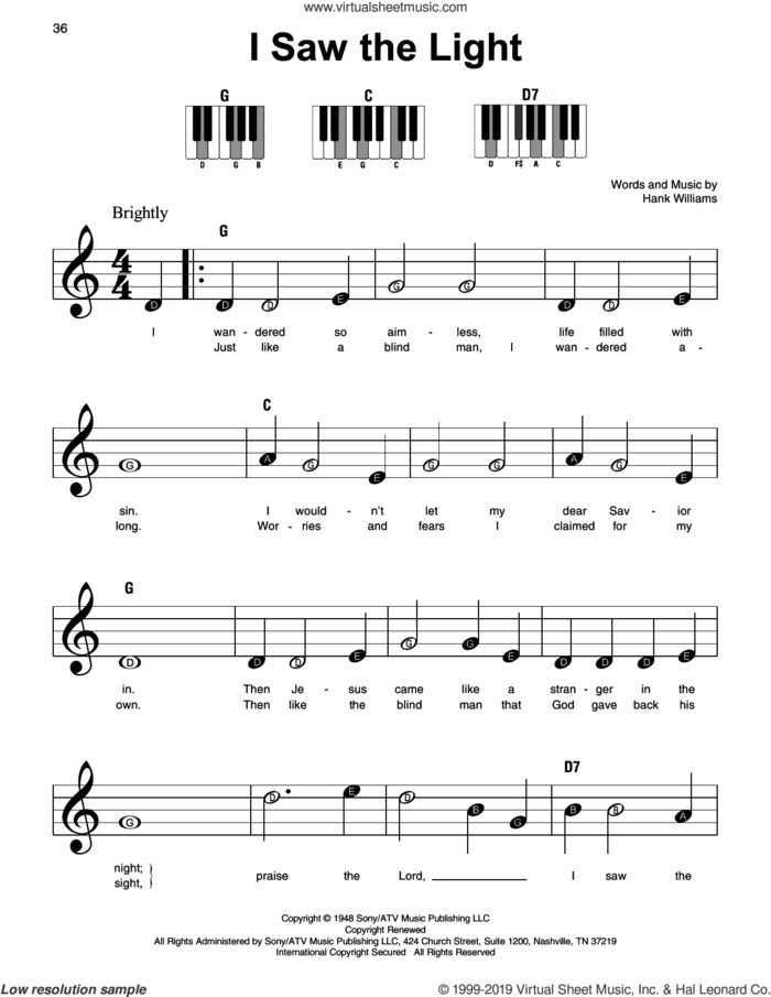 I Saw The Light, (beginner) sheet music for piano solo by Hank Williams, beginner skill level