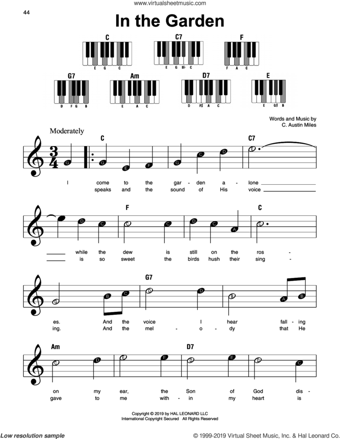 In The Garden sheet music for piano solo by C. Austin Miles, beginner skill level