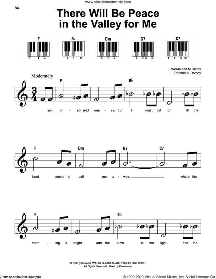 There Will Be Peace In The Valley For Me, (beginner) sheet music for piano solo by Elvis Presley and Tommy Dorsey, beginner skill level