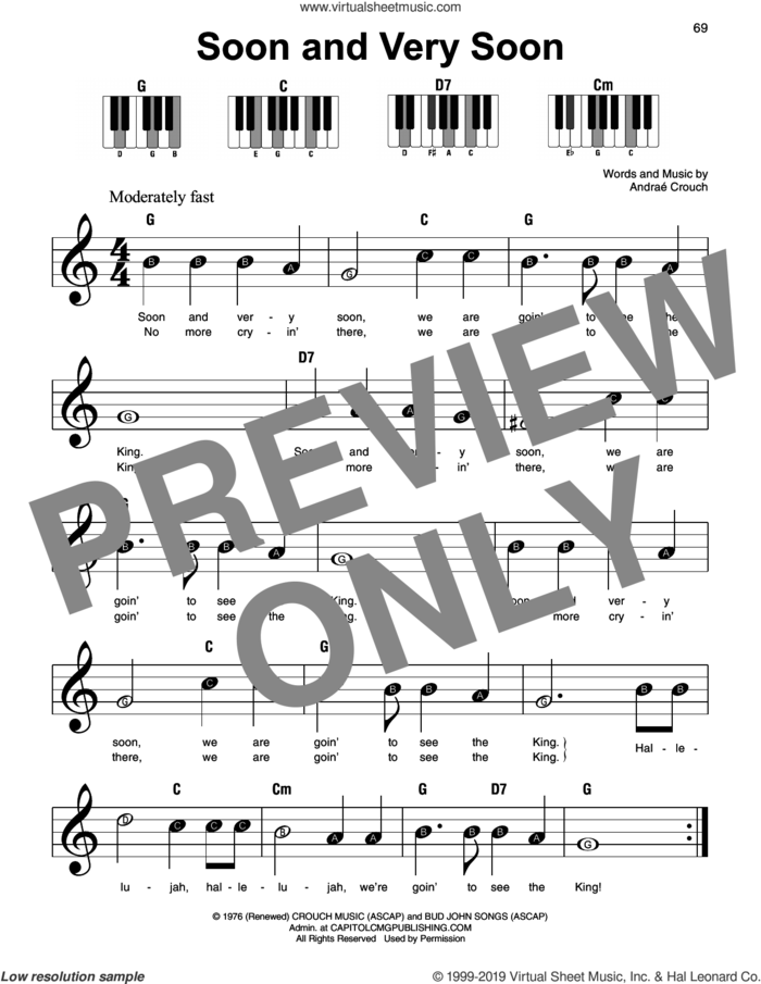 Soon And Very Soon, (beginner) sheet music for piano solo by Andrae Crouch, beginner skill level