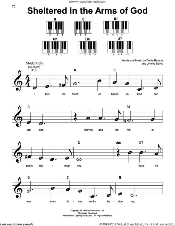 Sheltered In The Arms Of God, (beginner) sheet music for piano solo by Dottie Rambo and Jimmie Davis, beginner skill level