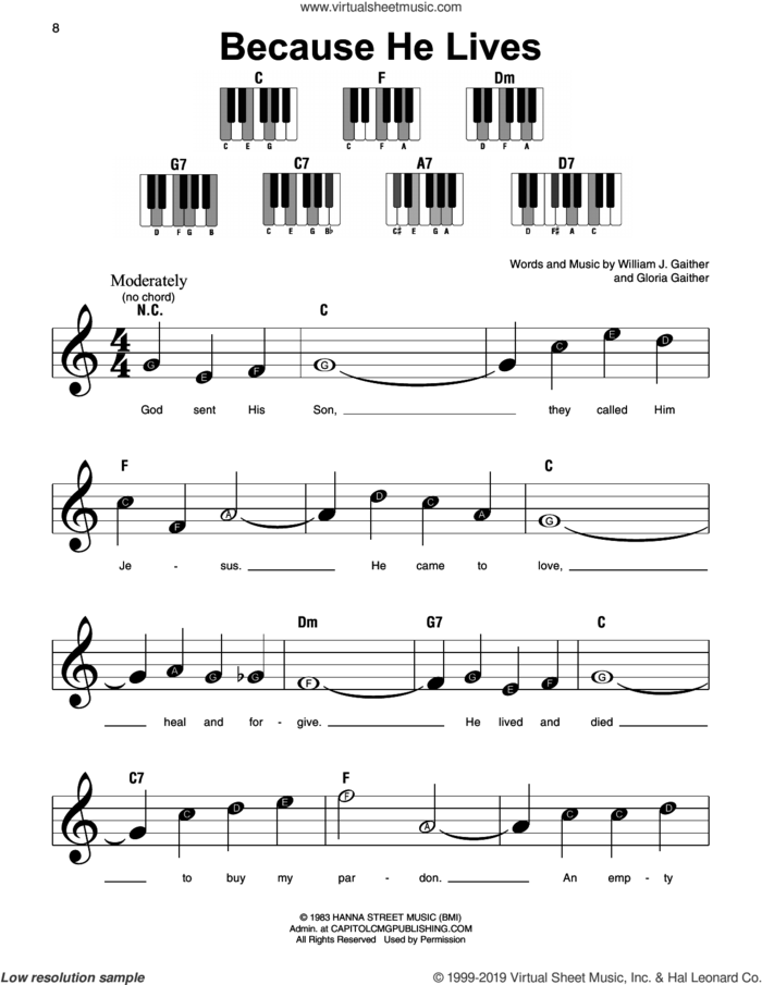 Because He Lives, (beginner) sheet music for piano solo by Gloria Gaither and William J. Gaither, beginner skill level