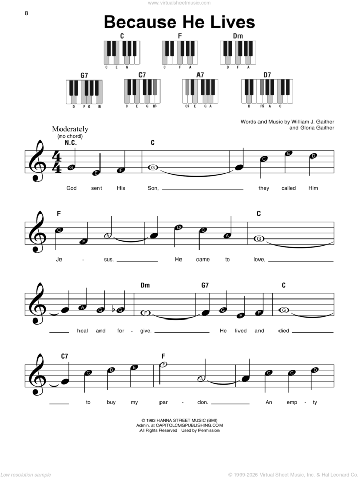 Because He Lives, (beginner) sheet music for piano solo by Gloria Gaither and William J. Gaither, beginner skill level