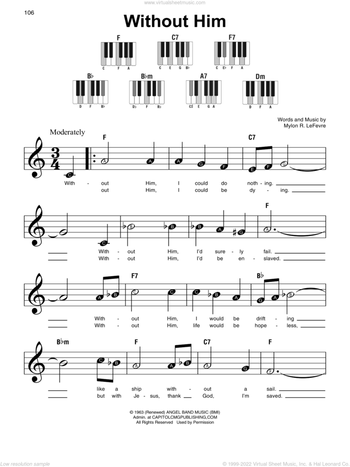 Without Him sheet music for piano solo by Mylon R. LeFevre, beginner skill level