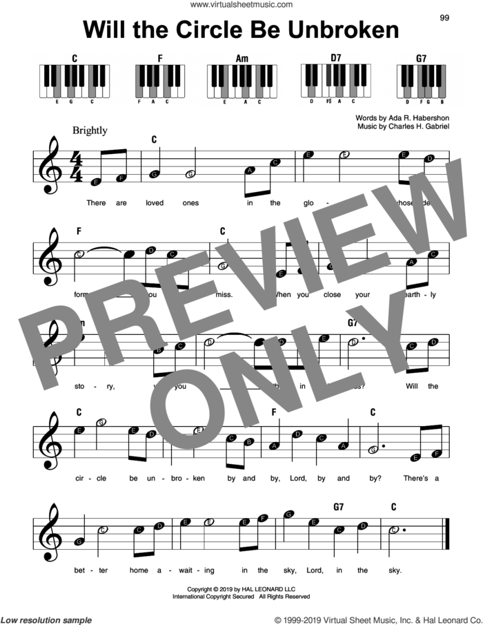 Will The Circle Be Unbroken sheet music for piano solo by Ada R. Habershon and Charles H. Gabriel, beginner skill level