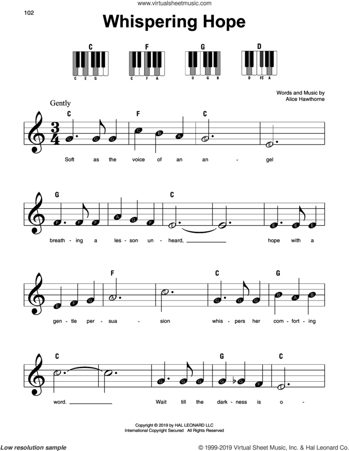 Whispering Hope sheet music for piano solo by Alice Hawthorne, beginner skill level