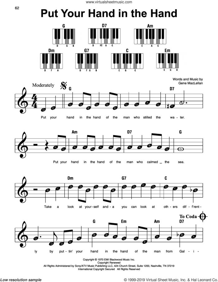 Put Your Hand In The Hand, (beginner) sheet music for piano solo by Gene MacLellan and MacLellan and Ocean, beginner skill level