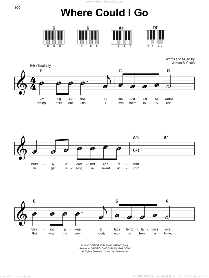 Where Could I Go sheet music for piano solo by Elvis Presley and James B. Coats, beginner skill level