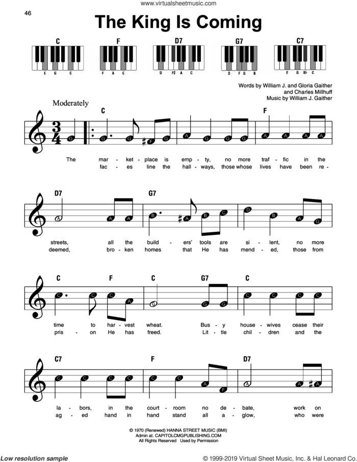 The King Is Coming sheet music for piano solo by Charles Millhuff, Gloria Gaither and William J. Gaither, beginner skill level