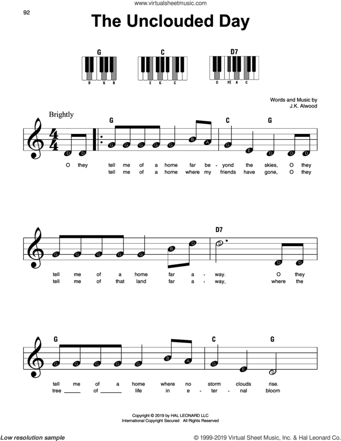 The Unclouded Day sheet music for piano solo by J.K. Alwood, beginner skill level