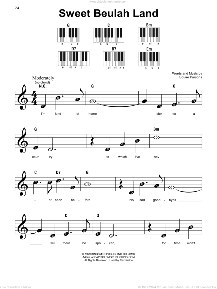 Sweet Beulah Land sheet music for piano solo by Squire Parsons, beginner skill level