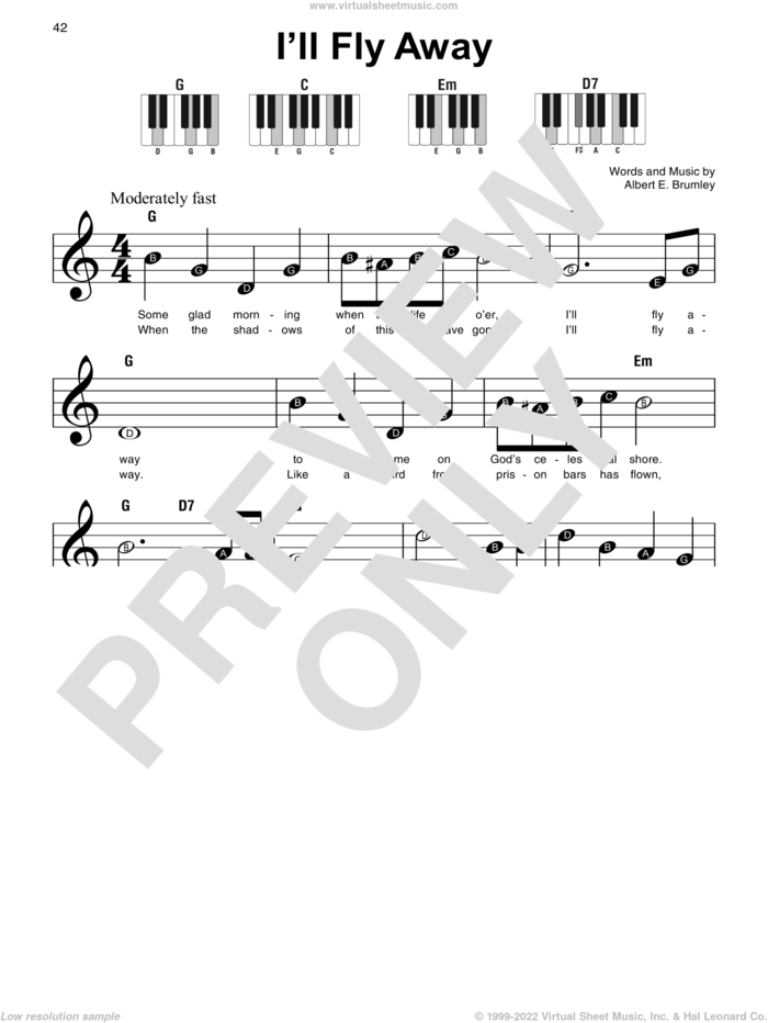 I'll Fly Away sheet music for piano solo by Albert E. Brumley, beginner skill level