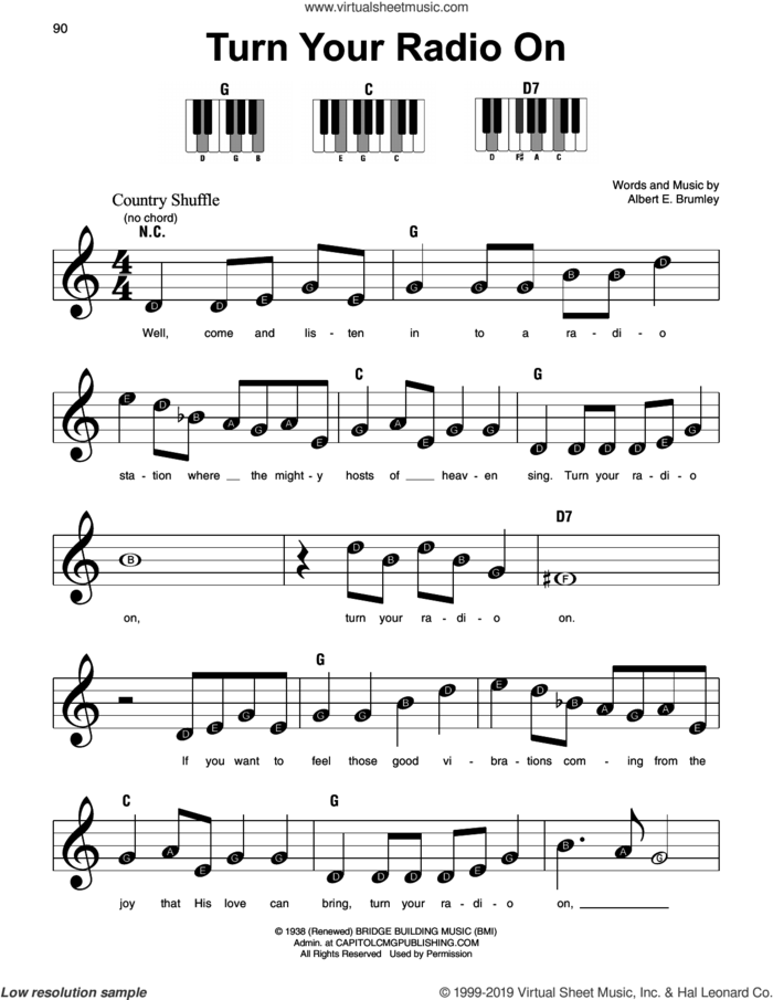 Turn Your Radio On, (beginner) sheet music for piano solo by Albert E. Brumley, beginner skill level