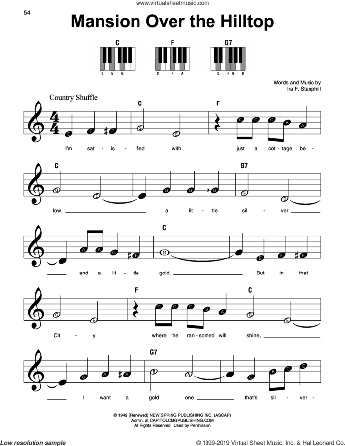 Mansion Over The Hilltop, (beginner) sheet music for piano solo by Ira F. Stanphill, beginner skill level