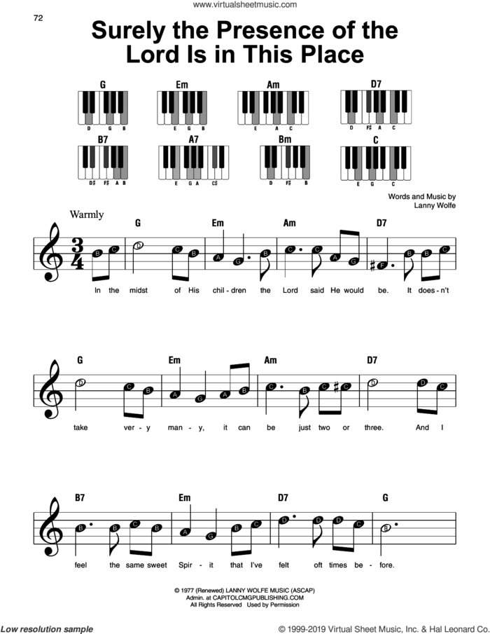 Surely The Presence Of The Lord Is In This Place, (beginner) sheet music for piano solo by Lanny Wolfe, beginner skill level
