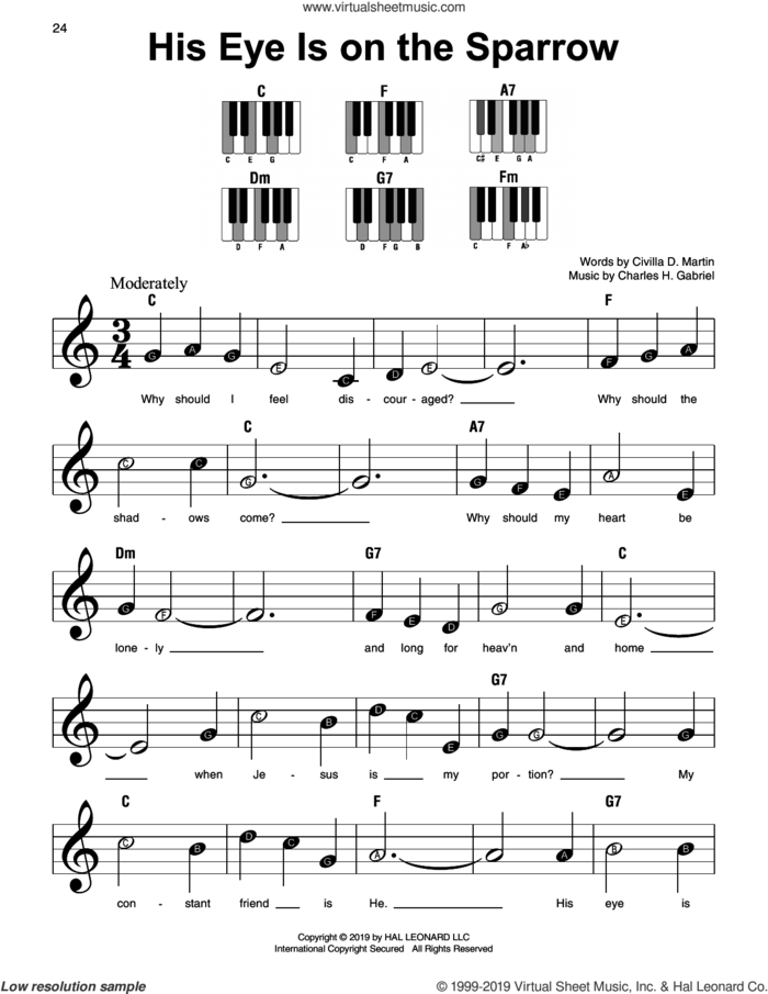 His Eye Is On The Sparrow sheet music for piano solo by Civilla D. Martin and Charles H. Gabriel, beginner skill level
