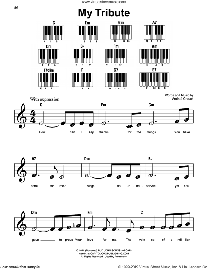 My Tribute, (beginner) sheet music for piano solo by Andrae Crouch, beginner skill level
