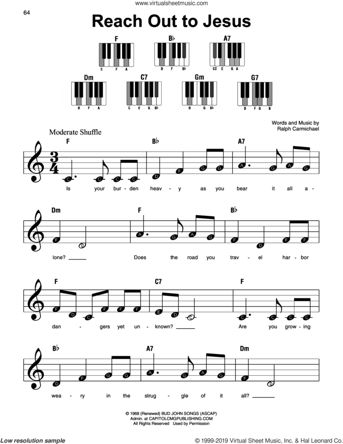 Reach Out To Jesus sheet music for piano solo by Elvis Presley and Ralph Carmichael, beginner skill level