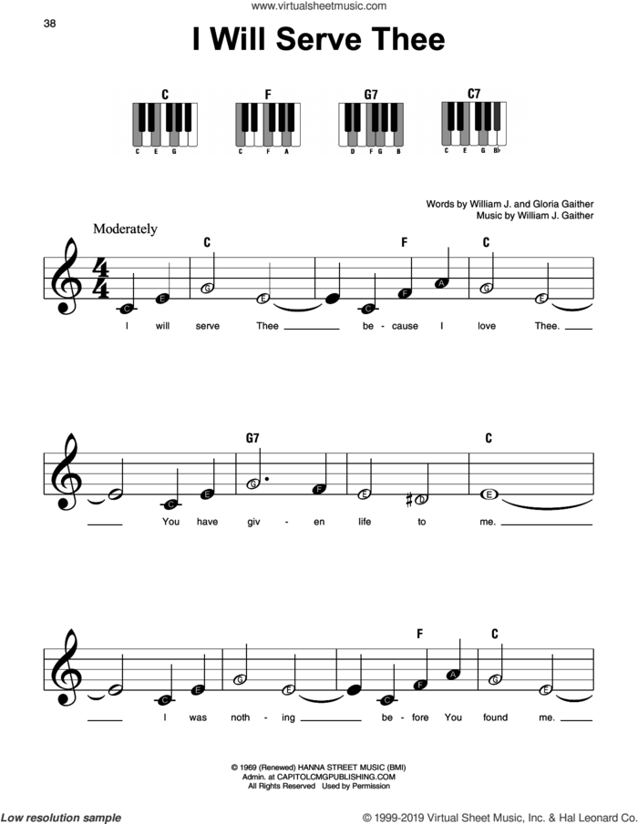 I Will Serve Thee sheet music for piano solo by William J. Gaither and Gloria Gaither, beginner skill level
