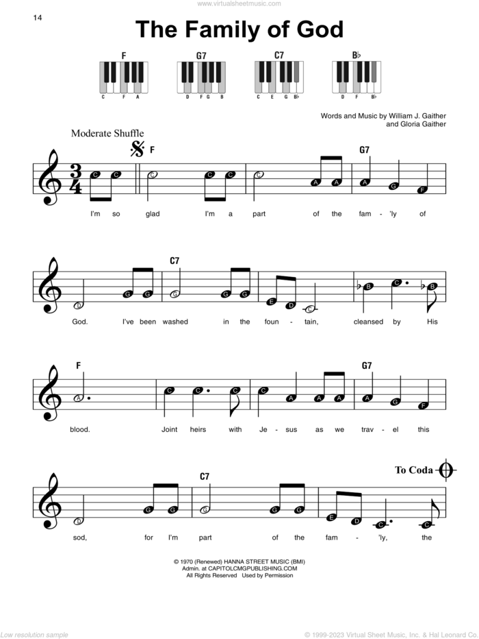 The Family Of God sheet music for piano solo by Gloria Gaither and William J. Gaither, beginner skill level