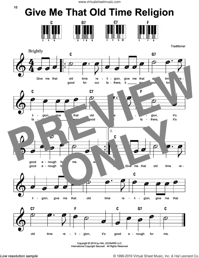 Give Me That Old Time Religion sheet music for piano solo, beginner skill level