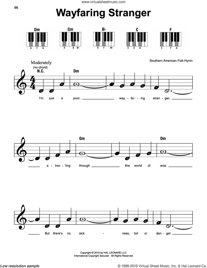 Wayfaring Stranger sheet music for piano solo, beginner skill level