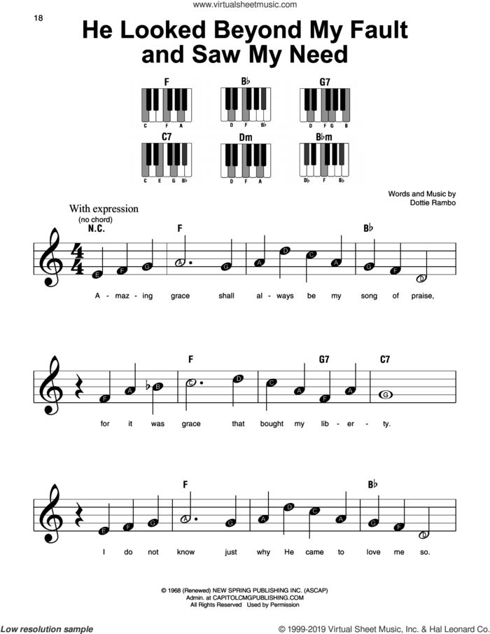 He Looked Beyond My Fault And Saw My Need, (beginner) sheet music for piano solo by The Rambos and Dottie Rambo, beginner skill level