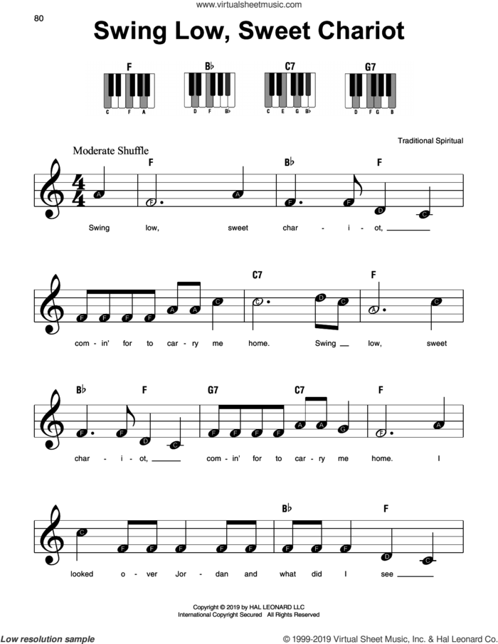 Swing Low, Sweet Chariot sheet music for piano solo, beginner skill level