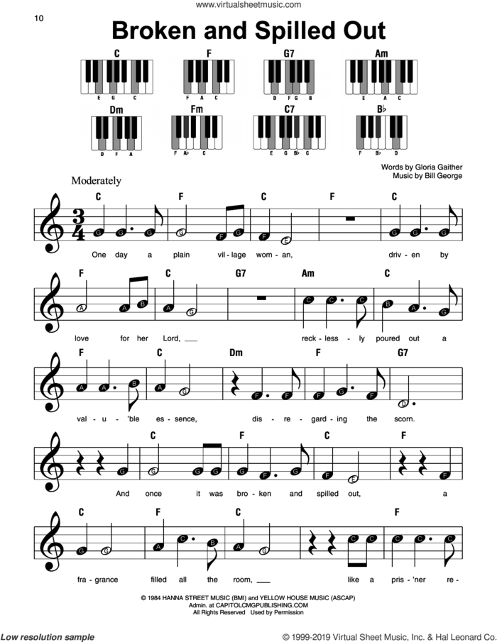 Broken And Spilled Out sheet music for piano solo by Steve Green, Bill George and Gloria Gaither, beginner skill level
