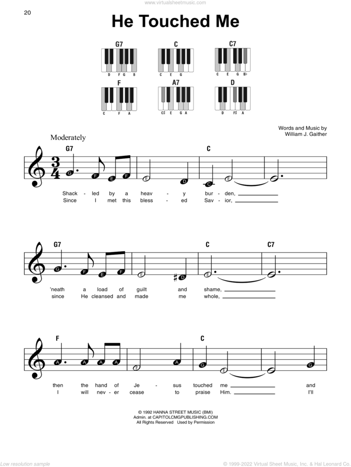He Touched Me sheet music for piano solo by William J. Gaither and Gaither Vocal Band, beginner skill level