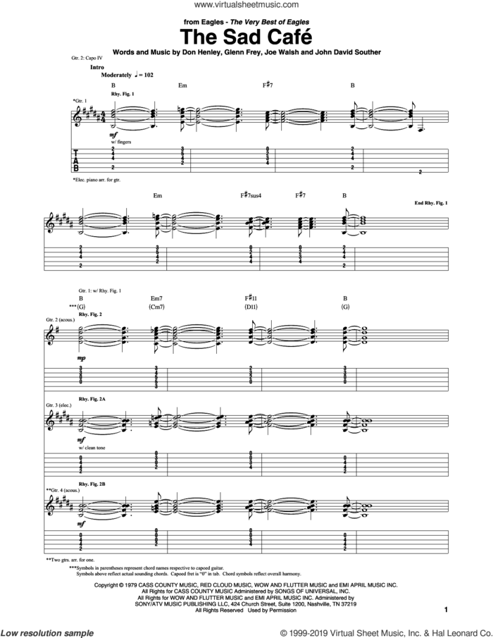 The Sad Cafe sheet music for guitar (tablature) by Don Henley, Lorrie Morgan, The Eagles, Glenn Frey, Joe Walsh and John David Souther, intermediate skill level