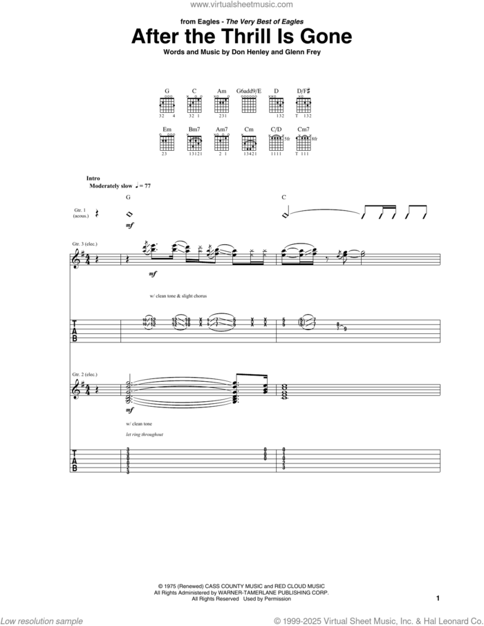 After The Thrill Is Gone sheet music for guitar (tablature) by Don Henley, The Eagles and Glenn Frey, intermediate skill level
