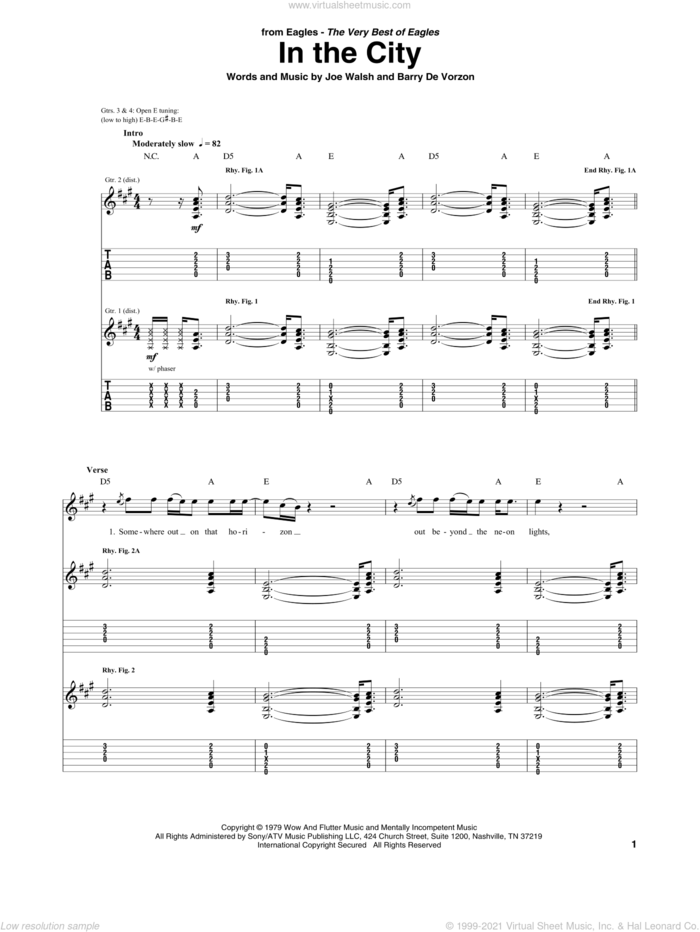 In The City sheet music for guitar (tablature) by Joe Walsh, The Eagles and Barry De Vorzon, intermediate skill level