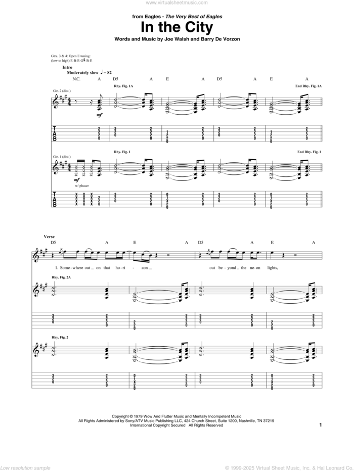 In The City sheet music for guitar (tablature) by Joe Walsh, The Eagles and Barry De Vorzon, intermediate skill level