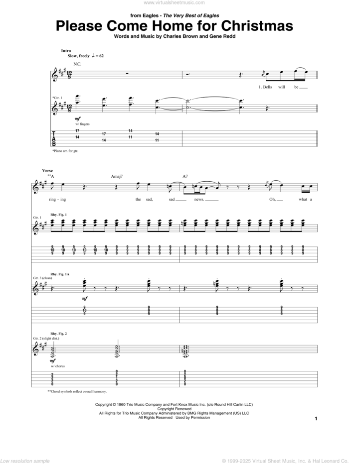 Please Come Home For Christmas sheet music for guitar (tablature) by Charles Brown, The Eagles and Gene Redd, intermediate skill level