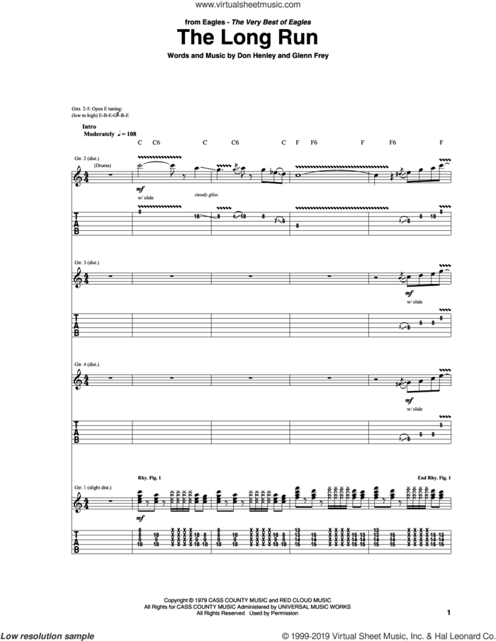 The Long Run sheet music for guitar (tablature) by Don Henley, The Eagles and Glenn Frey, intermediate skill level