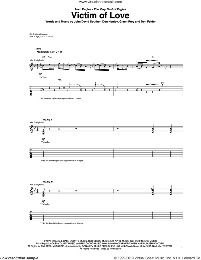 Victim Of Love sheet music for guitar (tablature) by Don Henley, The Eagles, Don Felder, Glenn Frey and John David Souther, intermediate skill level