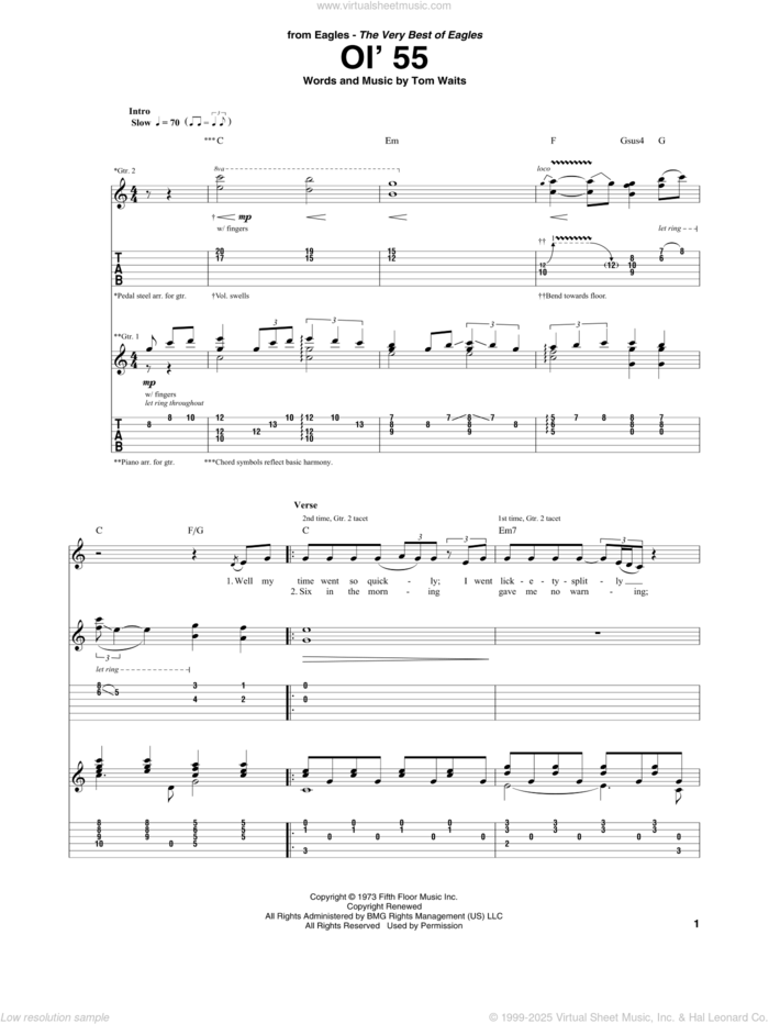 Ol' 55 sheet music for guitar (tablature) by Tom Waits and The Eagles, intermediate skill level