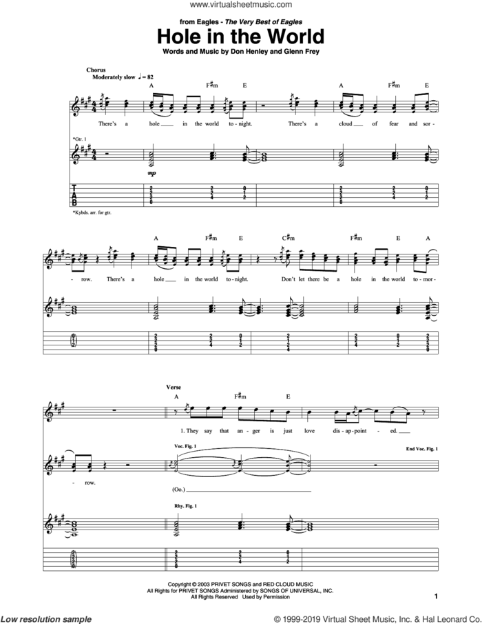 Hole In The World sheet music for guitar (tablature) by Don Henley, The Eagles and Glenn Frey, intermediate skill level