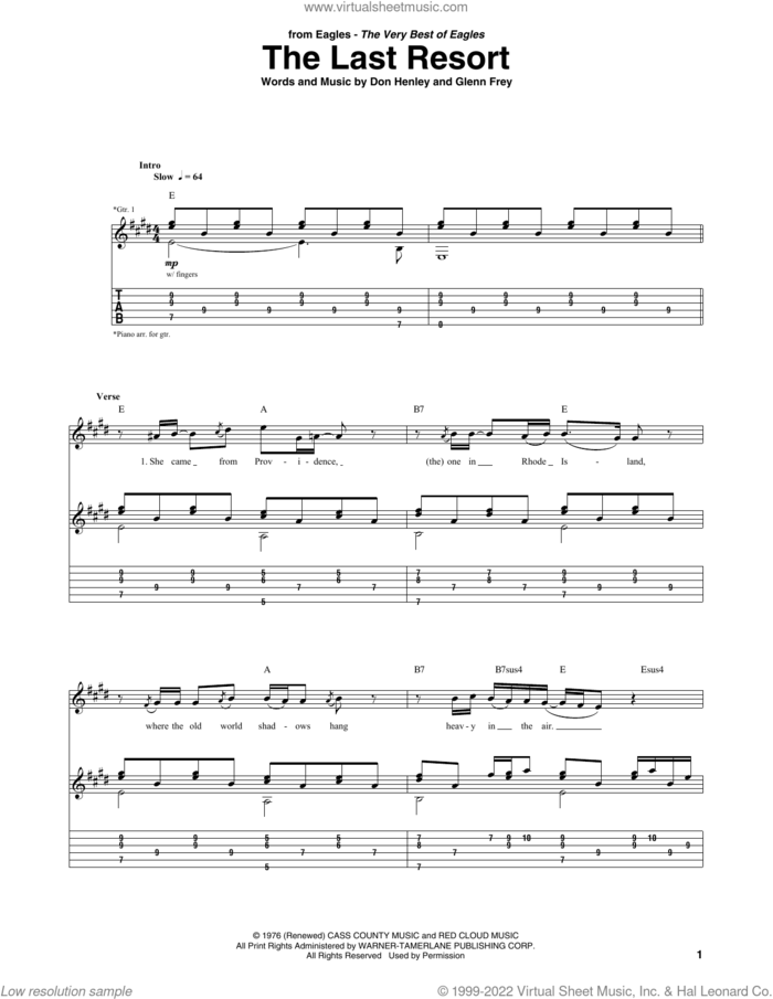 The Last Resort sheet music for guitar (tablature) by Don Henley, The Eagles and Glenn Frey, intermediate skill level