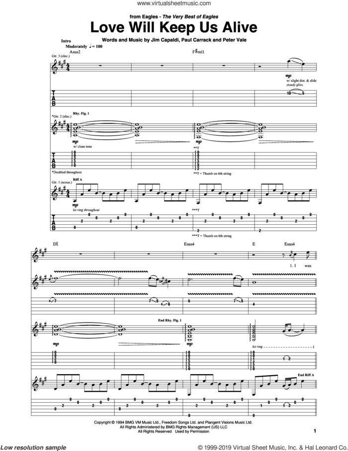 Love Will Keep Us Alive sheet music for guitar (tablature) by Paul Carrack, The Eagles, Jim Capaldi and Peter Vale, intermediate skill level