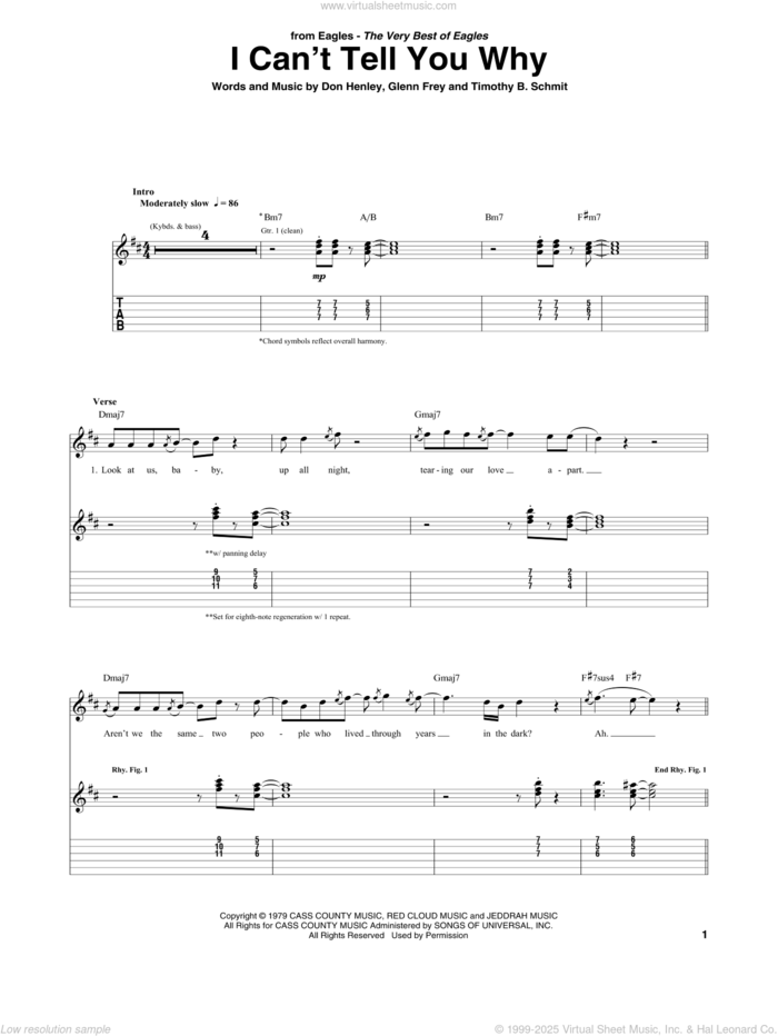 I Can't Tell You Why sheet music for guitar (tablature) by Don Henley, The Eagles, Glenn Frey and Timothy B. Schmit, intermediate skill level