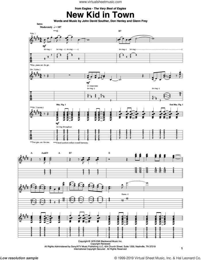 New Kid In Town sheet music for guitar (tablature) by Don Henley, The Eagles, Glenn Frey and John David Souther, intermediate skill level